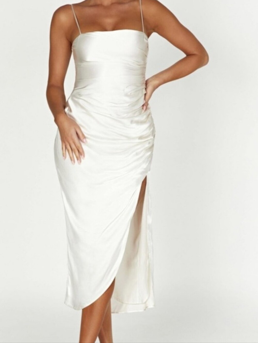 Meshki ivory satin midi dress soft side ruching and a thigh-high slit Sz M